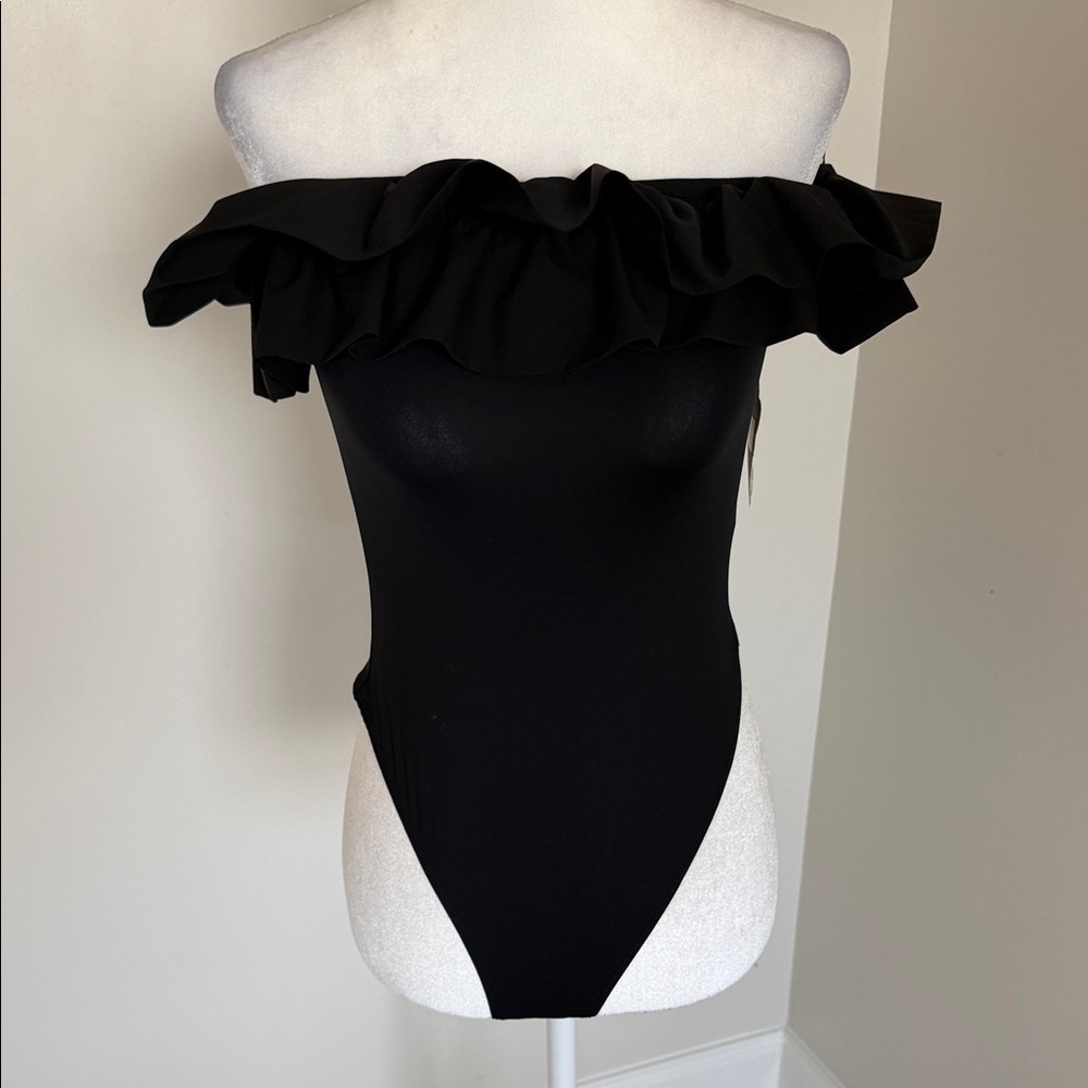 ALTAR’d State Black Off-Shoulder Ruffle Thong Bodysuit size XS
